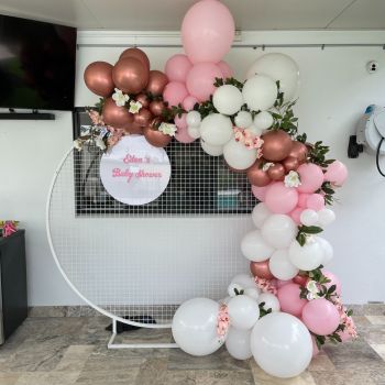 White Mesh Wall with Balloon Garland